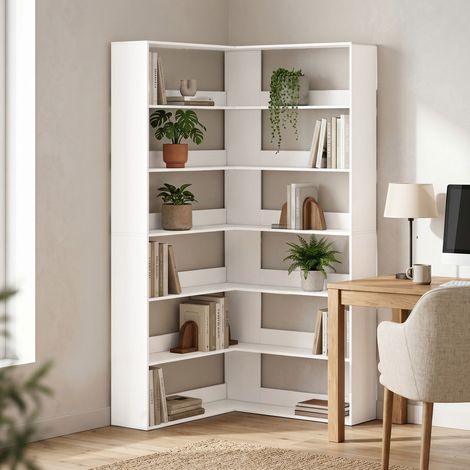 Bibliothèque 7 niveaux – Étagère d'angle L avec protection anti-glissement, blanc effet bois – Rangement mural pour salon et bureau (1/5)