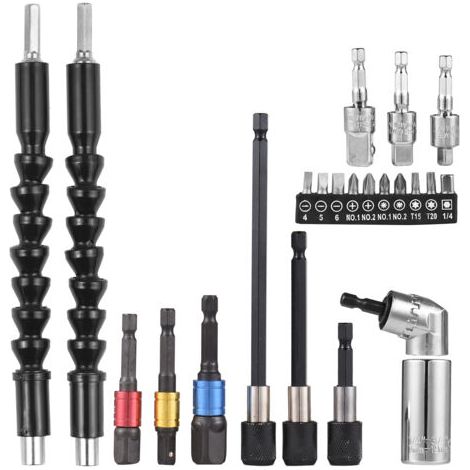 Kit 23 pièces clés douille  Rallonge, clé universelle, adaptateur angle droit 105° tige hex  Accessoire perçage, filière, clé pipe, forets flexibles, porte-foret tige souple (1/5)