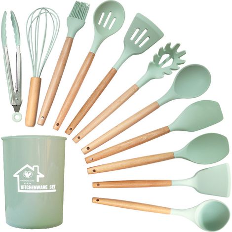 Ensemble de 12 ustensiles de cuisine antiadhésifs en silicone, vert (1/3)