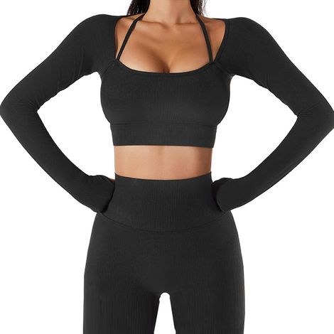 Women's Clothing, Women's Fitness Sleeves, Thumb Hole, Workout Clothes with Chest Pad, Round Neck Yoga Top, Long Halter Neck (XL) (1/5)