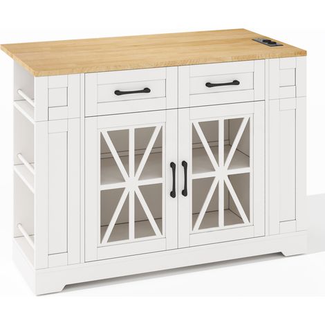 Isola da cucina mobile 120 cm con piano pieghevole, ante in vetro, USB e prese (1/5)