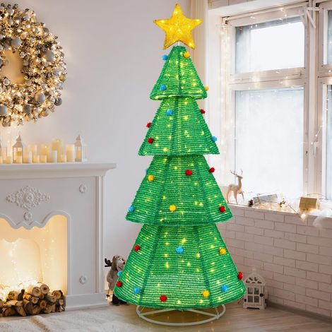 COSTWAY Albero di Natale Pieghevole 190 cm, Decorazione dell'Albero di Natale con 200 Luci LED, Stella in Cima, Palline di Peluche, Decorazione Natalizia per Casa, Giardino, Negozio (1/5)