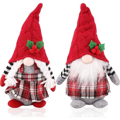 2 Pièces Poupée en Peluche GNOME de Noël, Gnomes en Peluche Tricotés à Main à Carreaux Rouges Poupée Elfe Nain Gonk Assis pour Décor de Noël Bureau Noël Cheminées Fête (27cm x 14cm) (1/5)