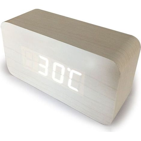 blanc Numérique Réveil Bois Réglable Luminosité Contrôle Vocal LED Horloge Rectangle Affichage Temps Température Décor À La Maison (1/3)