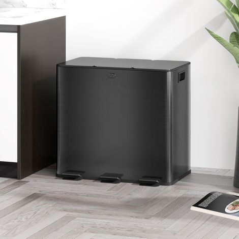 Poubelle à 3 compartiments de 15 L, couvercle désodorisant, anti-traces de doigts, fermeture amortie, amovible, noire
