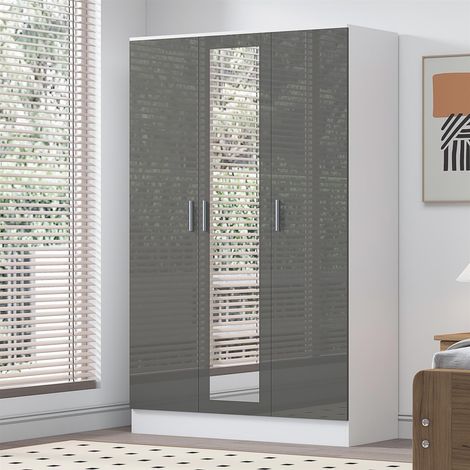 Reflect 3 Door Mirror Wardrobe - Grey Gloss & Matt White - Hanging Rail & 4 Shelves - Modern Design