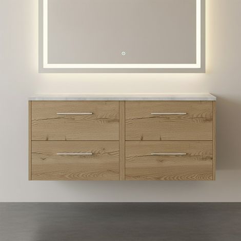 Hudson Reed Juno Wall Hung 4-Drawer Vanity Unit with Bellato Grey Worktop 1200mm Wide - Autumn Oak (1/4)
