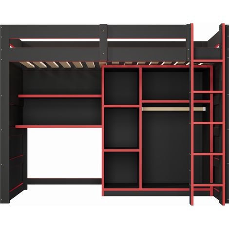 Gaming-Hochbett 90 x 200 cm mit Schreibtisch, Kleiderschrank, LED und USB, Schwarz-Rot (1/5)