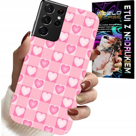 Schutzhülle für Samsung Galaxy S21 Ultra – Rosa karierte Hülle mit Herzen + Folie (1/5)