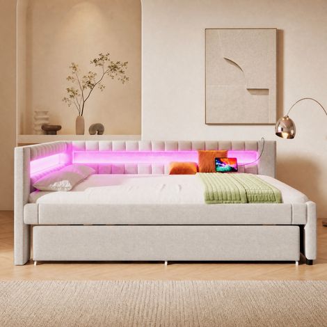 Letto estraibile imbottito in lino 140 x 200 cm con LED, USB e Type-C, beige (1/5)