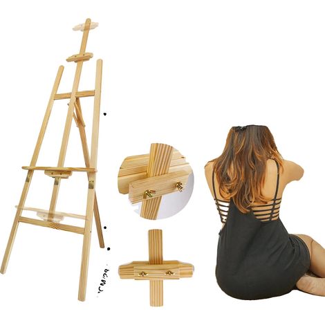 Caballete de artista, madera maciza de pino, altura total 175 cm, altura máxima del lienzo 134 cm, ancho en la base 59,5 cm, peso 3 kg. (1/5)