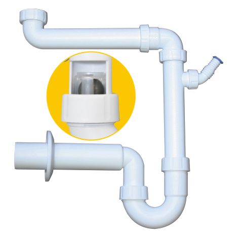 PP-Raumspar Kugelverschlußsiphon DN 50, 1 1/2" & 1 1/4" für Spülen und Waschtische, weiss