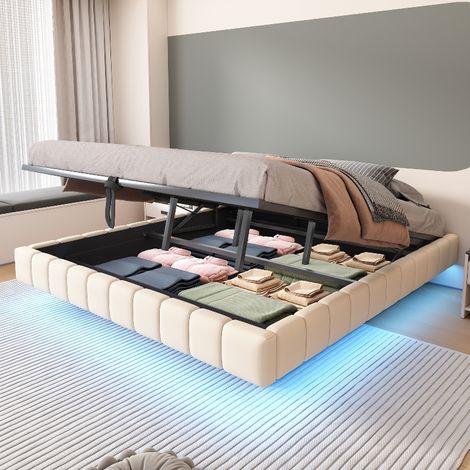 Polsterbett 180x200 cm Schwebebett mit Stauraum und LED-Beleuchtung, Hydraulisches Bettrahmen ohne Kopfteil, Leinen Beige, bis 250 kg (1/5)