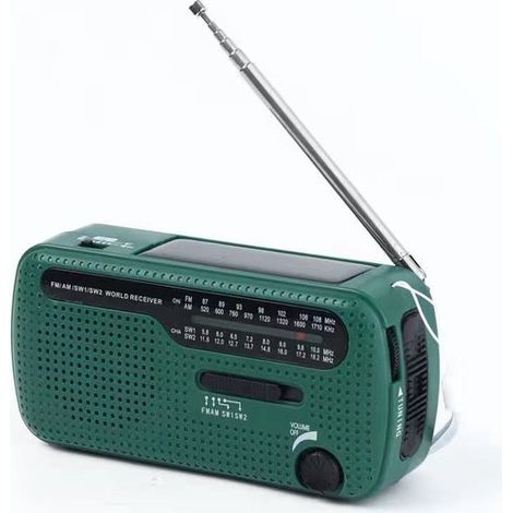 Torcia a LED AM FM SW1 SW2 a manovella solare per campeggio, radio di emergenza multibanda per campeggio, tempeste invernali ed emergenze all'aperto, colore verde. (1/4)