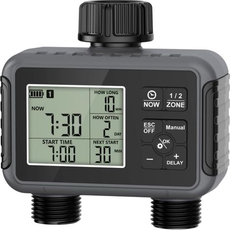 Ordinateur d'arrosage 2 sorties – programmateur d'irrigation double zone – 2 programmes séparés – mode auto/manual – étanche IPX5 – BSP 3/4 – pour jardin et pelouse (1/5)
