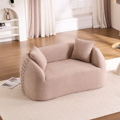 MODFU – Divano 2 posti in ciniglia 104 cm con design curvo, braccioli con lacci, 2 cuscini e schiuma – Crema albicocca (1/5)