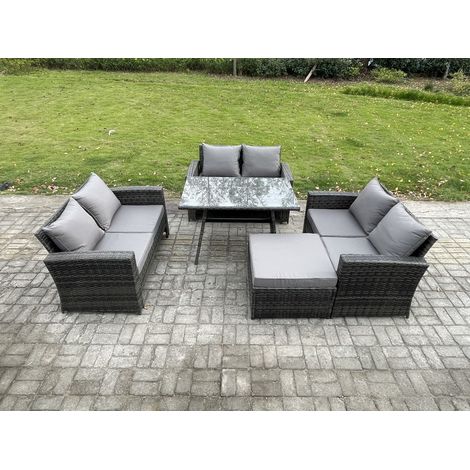 Fimous 7-Sitzer Hoher Rücken Rattan Gartenmöbel Sets mit Rechteckiger Esstisch Loveseat Sofa 2 Großer Hockern (1/5)