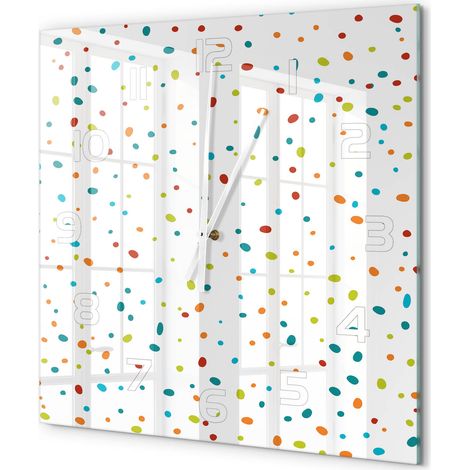 Grande Horloge Murale Carrée Déco Intérieur Verre Trempé Silencieuse et Élégante Pois colorés 60x60 cm (1/5)