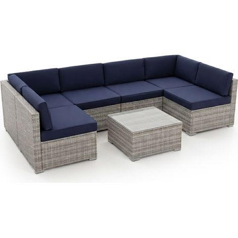 Conjunto de Sofas de Exterior en Ratan PE Tendy, 7 piezas. Muebles de Jardin y Terraza, 277cm, Ratan Gris (1/5)