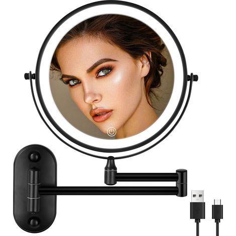 Espejo cosmético de pared 1X/10X, iluminación LED regulable, 3 colores, negro.