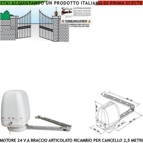 Cancello Elettrico Anta Battente da 0,5 A 2,5 Metri Motore Braccio Articolato 24 VDC Ricambio Automatismo Esistente Spinta 250 Newton Sblocco a Chiave Finecorsa Meccanici Completo di Braccio Staffe Bu (1/4)