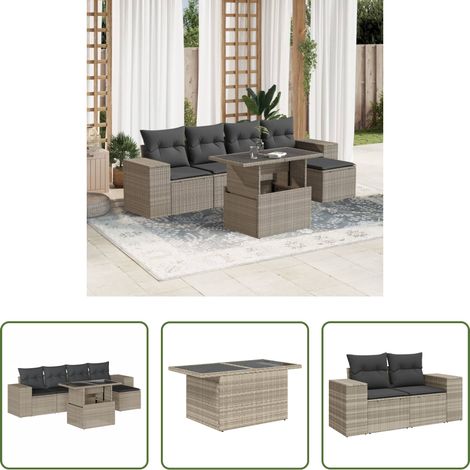 vidaXL Gartensessel - 6-tlg. Garten-Sofagarnitur mit Kissen Hellgrau Poly Rattan (1/5)
