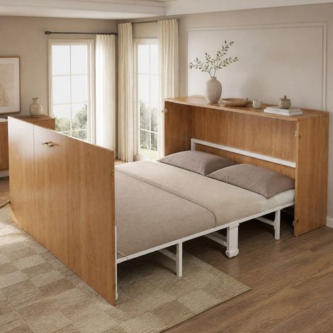 Schrankbett 140x200 cm modern, Holz und Metall in Holzoptik, mit Leinenmatratze und leisen Rollen (1/5)