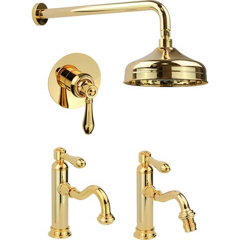 Set bagno con miscelatore lavabo, bidet e kit doccia 1 via stile retrò colore oro Gattoni Oxford KITOXFORDD07