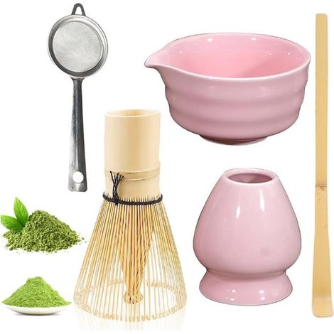 Ensemble 5 pièces - Coffret Matcha - Kit de démarrage Matcha - Service à thé Matcha - Bol à matcha - Support pour fouet - Fouet à matcha japonais - Tamis à fouet - Rose fleur de romarin (1/5)