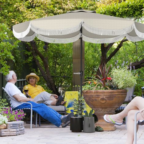 Parasol de jardin rond 2,7 x 2,4 m avec manivelle. En métal et polyester. Gris clair.