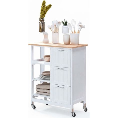 ELVMI Küchenwagen mit Rollen, 3 Schubladen, 2 Offenen Ablagen und Herausnehmbarem Tablett, MDF, 67 x 37 x 84 cm, Weiß (1/5)