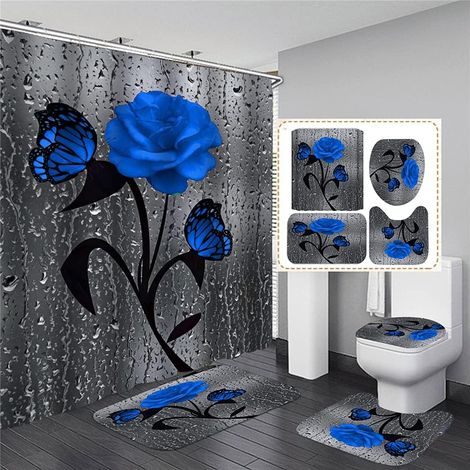 Set moderno di 4 tende da doccia, stampa 3D a rose, in tessuto impermeabile, con ganci per tappetino antiscivolo e set per WC. (1/5)