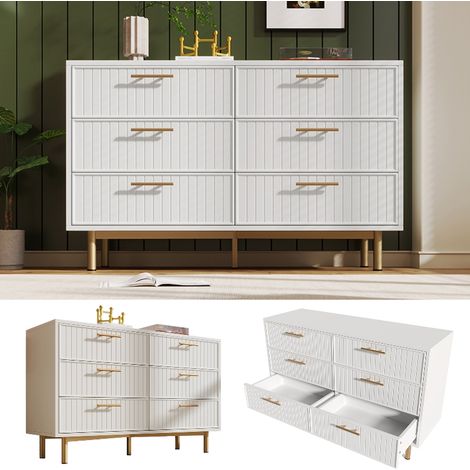 Schubladenkommode mit 6 Schubladen, 120x75x40 cm, Weißes Sideboard mit Stauraum, geriffelter Front und Goldgriffen für Schlafzimmer & Wohnzimmer (1/5)