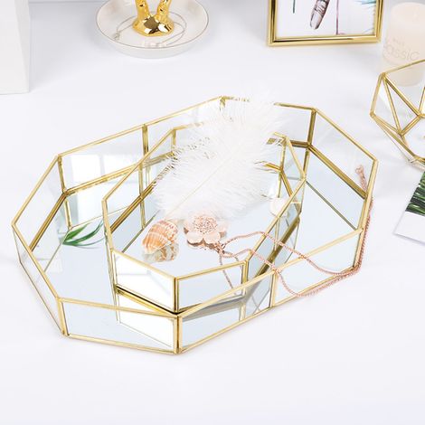 Plateau de rangement rétro en laiton, plateau de maquillage en verre, plateau à desserts, présentoir à bijoux, décoration pour la maison et la cuisine (1/5)