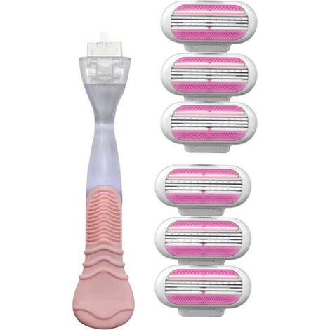 Rasoir 3 lames pour aisselles femme – Rasage intime doux, économique (1 manche rose vintage + 6 têtes de rechange) – Pour peau sensible et usage quotidien (1/4)