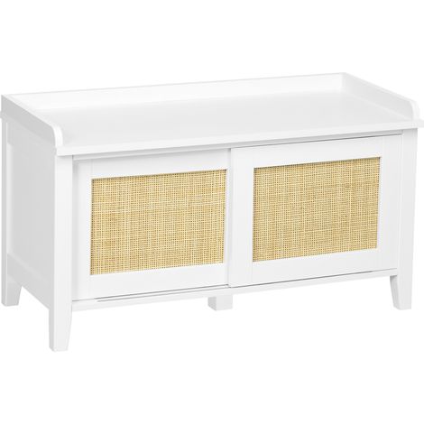 Banc à chaussures avec rangement, porte coulissante et façades en rotin tressé, 80 x 35 x 45 cm, blanc