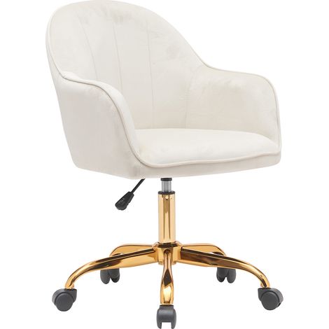 Sedia da Ufficio in Velluto Crema Poltrona Imbottita da Scrivania con Base Oro (1/4)