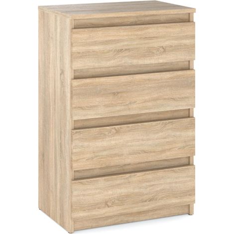 Commode chêne Sonoma 4 tiroirs 60 cm – Façades sans poignées – Glissières à roulettes – Meuble TV pour salon ou chambre (1/4)