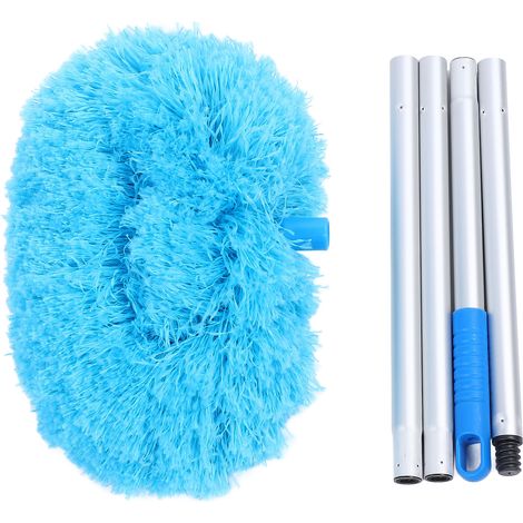 Plumeau rond extra long, rotatif à 360°, multifonctionnel et lavable, 140 cm, outil de dépoussiérage pour plafonds hauts et meubles (bleu). (1/5)