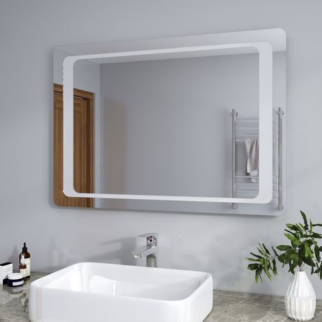 SIRHONA 100x70 cm Specchio da Bagno LED Specchio Bagno Illuminato con Interruttore a Infrarossi e Anti Appannamento Specchio da Parete Moderno Rettangolo Impermeabile IP44