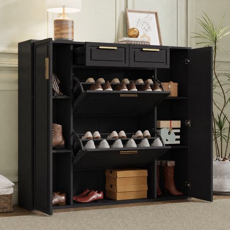 Zapatero negro con 2 cajones, 2 puertas y estantes regulables 120 x 24 x 107 cm OKWISH (1/5)