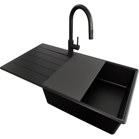 PRIMAGRAN Evier Cuisine en Granit 90x50cm, Lavabo 1 bac + Kit de Vidage + Accessoire, Évier à Encastrer au meuble 60cm - Copenhague, Tout Noir (1/5)