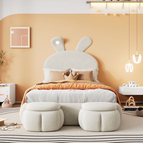 Eifson – Lit simple capitonné 90x200 cm – Rangement hydraulique – Lumières LED réglables – Velours beige – Avec 2 banquettes de rangement (1/5)