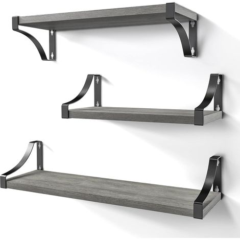 Pack de 3 estantes de pared de madera y metal, estantes de pared para almacenaje, alambre de metal rústico, para salón, dormitorio, oficina, baño o cocina (gris) (1/5)