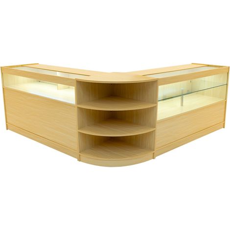 Set Mostradores Comerciales "HARMONIA"  color Arce B1500+C1500+LM60  MDF y vidrio templado  Estantes y puertas corredizas con cerradura  Fácil Montaje  Mostrador Recepción Expositor Comercial Mesa