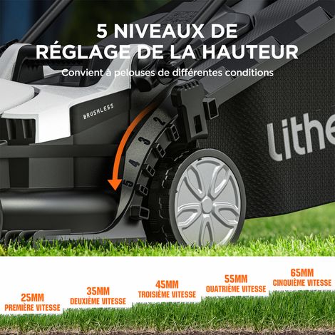 Litheli – Tondeuse à batterie 33 cm – Moteur Brushless – 5 hauteurs réglables – Bac 30 L – Pour pelouses jusqu'à 500 m²