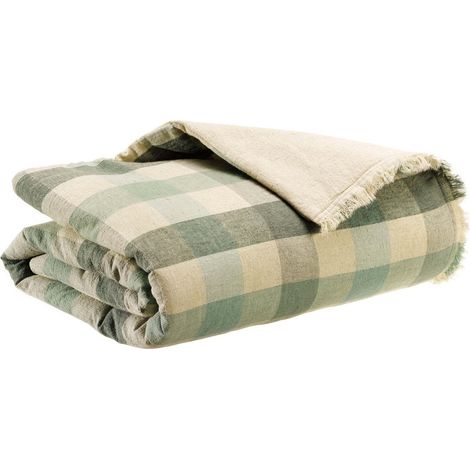 Plaid Décoratif en Coton Brodé 135 x 200 cm Motif Japonais Oiseaux et Arbres Vert Thym - PANGIVO