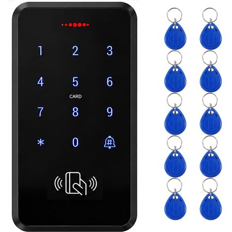 Kit de contrôle d'accès avec clavier tactile avec 10 porte-clés d'identification bleus – 3000 utilisateurs, accès carte/PIN, rétroéclairage bleu, pour bureau appartement porte entrée (1/5)