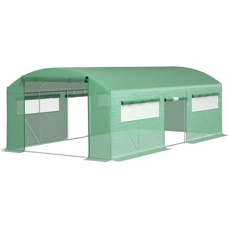 Tunnelgewächshaus mit 3 Rolltoren und 6 Fenstern, verzinkter Stahl, PE, 6 x 3 x 2 m, grün
