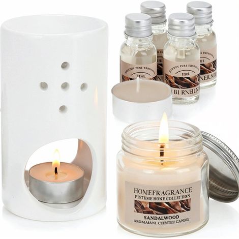 Aromatherapie-Set mit Keramikbrenner und Sandelholzölen